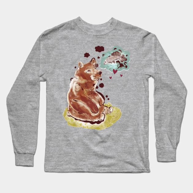 The Bear and the Salmon Long Sleeve T-Shirt by minniemorrisart